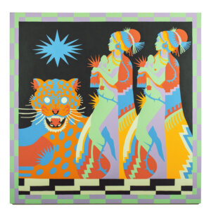 colorful painting of two women walking and a tiger