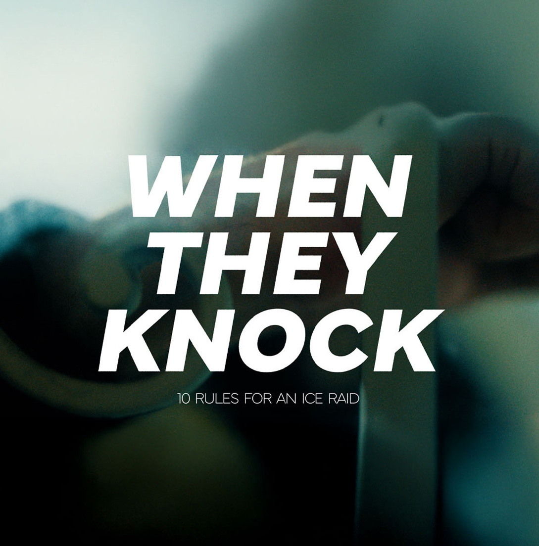 A hand is seen preparing a roll of white tape. Overlaid text reads "WHEN THEY KNOCK: 10 RULES FOR AN ICE RAID.