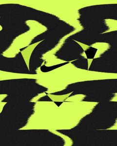 Abstract glitch art featuring the black Nike swoosh logo and geometric shapes on a neon yellow background with jagged black patterns.