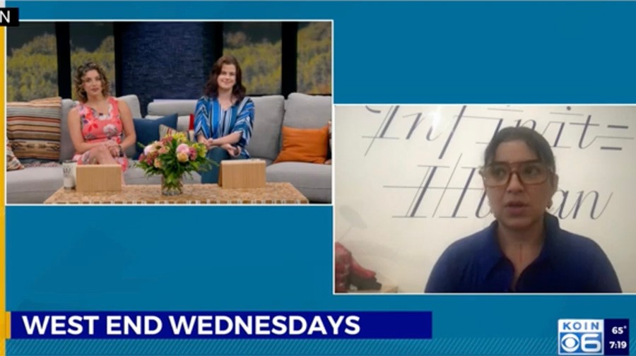 Screenshot of a TV segment titled "West End Wednesdays" showing two hosts sitting on a couch and a guest speaking remotely, with the KOIN 6 logo and time displayed in the corner.