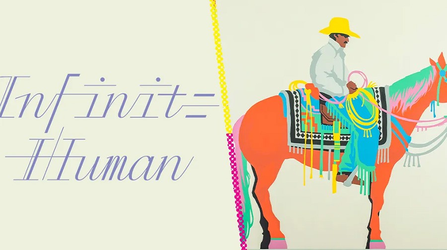 A stylized illustration featuring a person in a yellow hat riding a decorated horse is juxtaposed with the text "Infinite Human" on the left side against a light background.