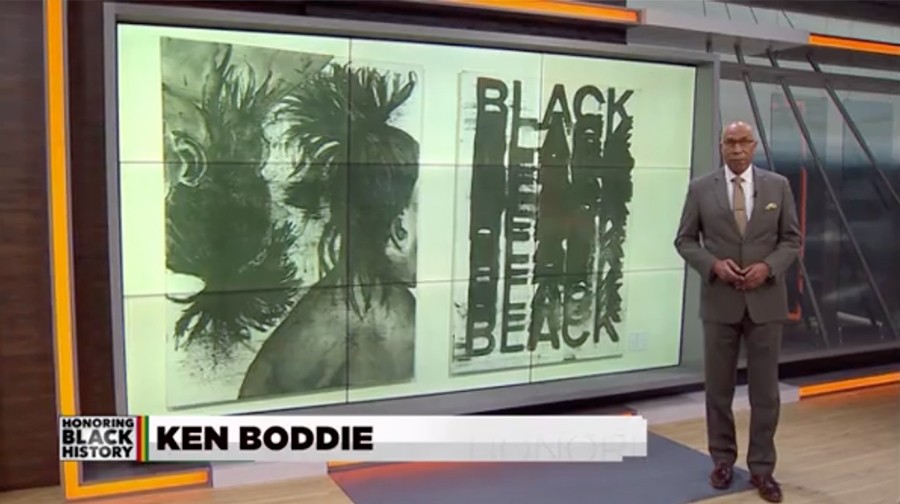 A person standing in a studio with a "Honoring Black History" banner and artwork in the background. The text on the screen reads "Ken Boddie.