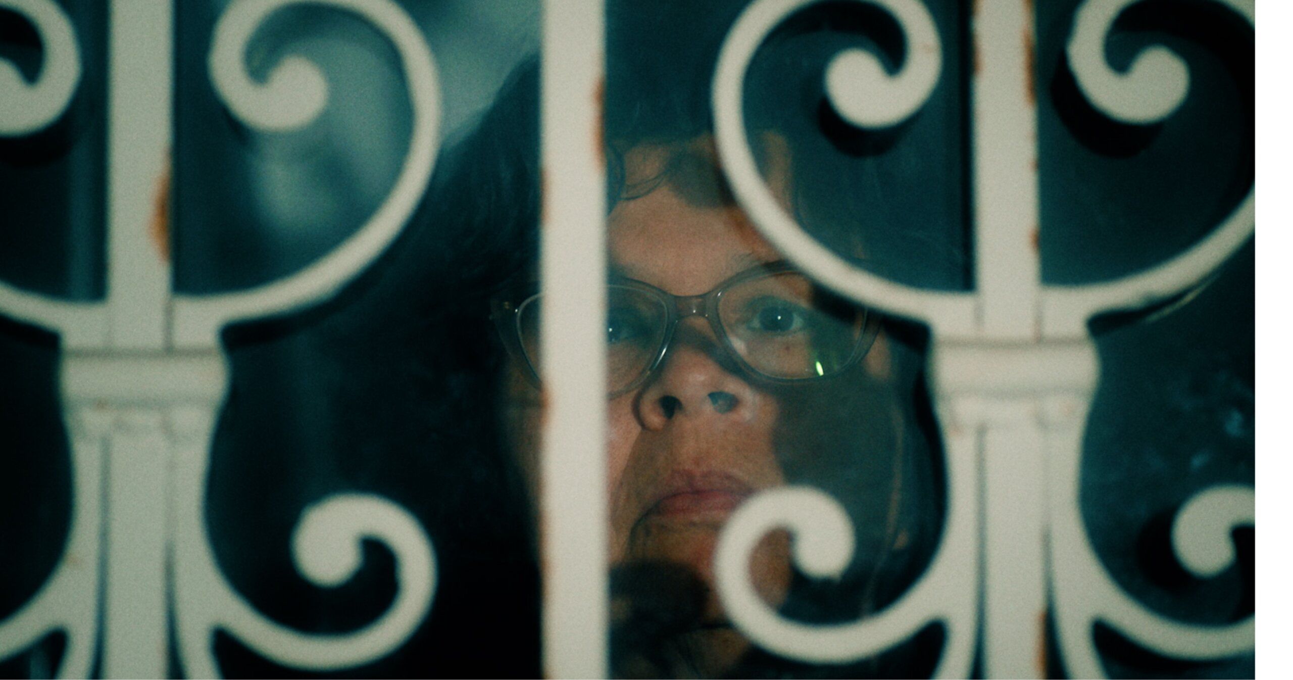 A person with glasses looks through an ornate, metal grill.