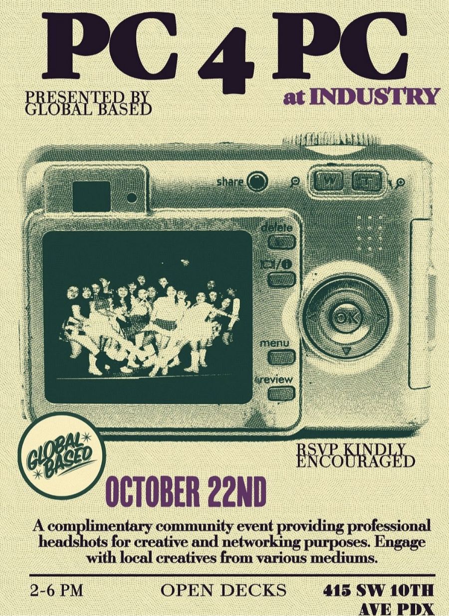 Vintage-style poster for "PC 4 PC at Industry" event on October 22nd, featuring an old television and a camera, promoting networking for creatives with details on time and location.