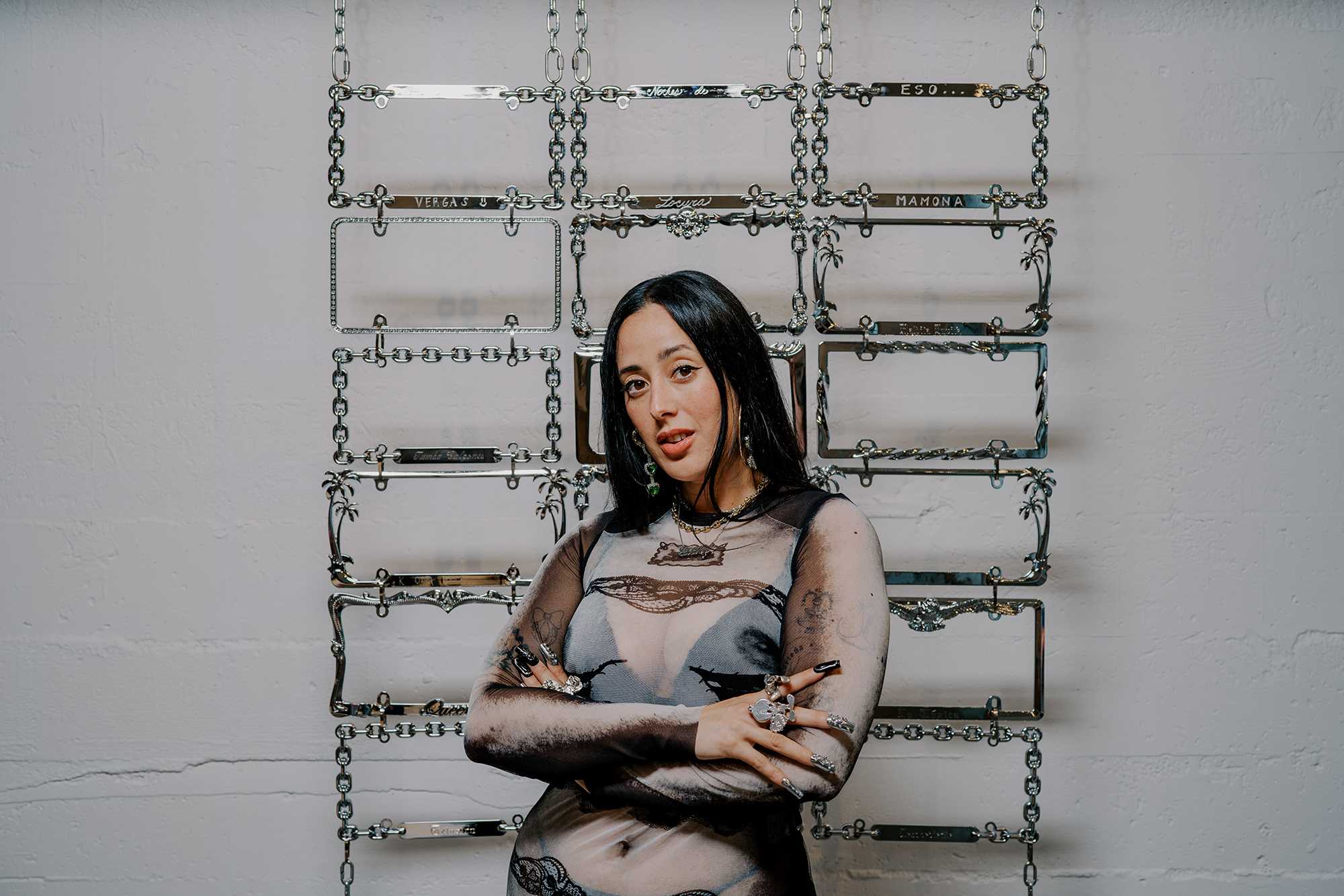 Person in a sheer patterned outfit stands with crossed arms in front of a wall display of decorative metal license plate frames.