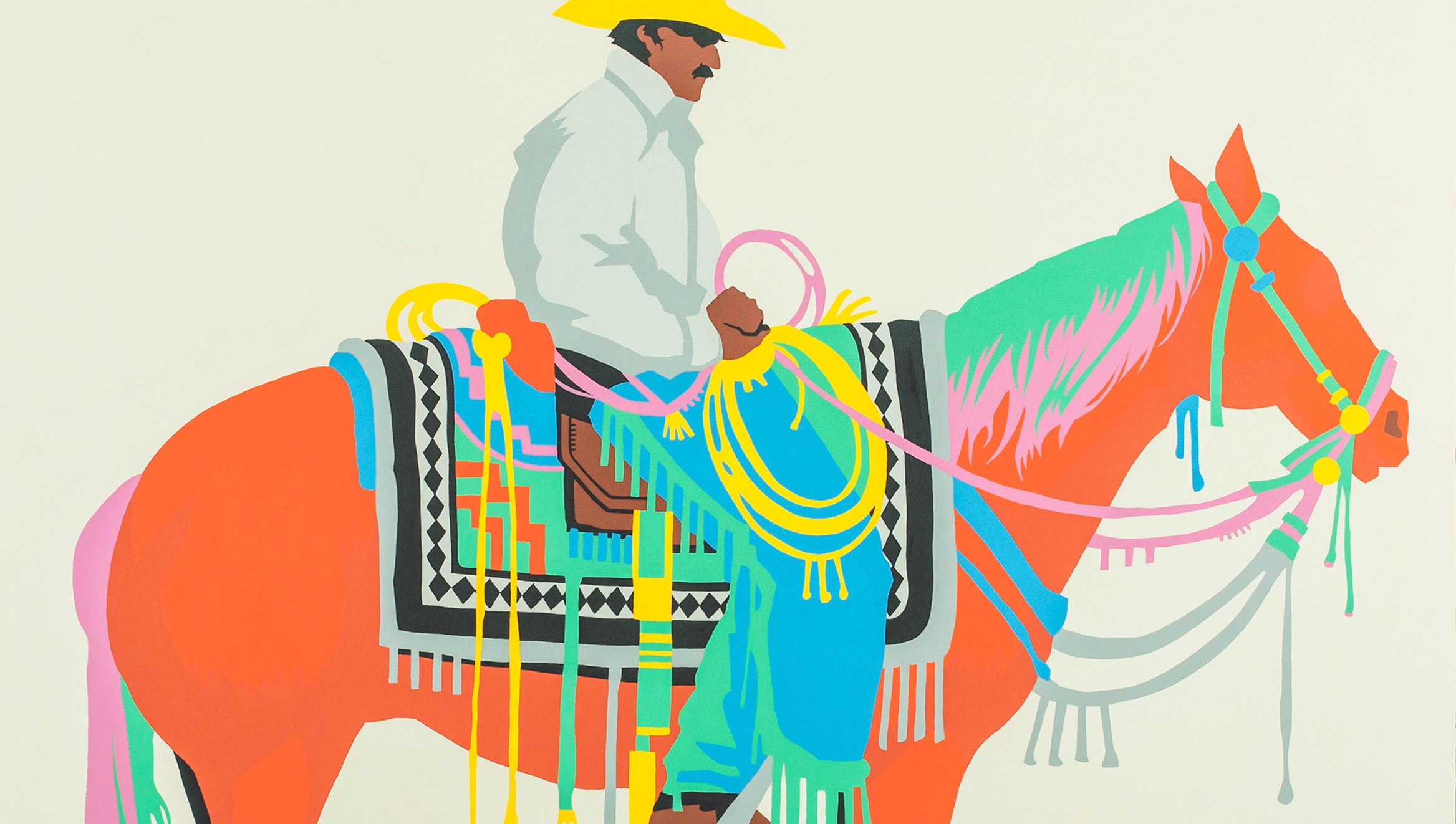 Illustration of a person wearing a hat and riding a horse adorned with colorful accessories and a patterned saddle.