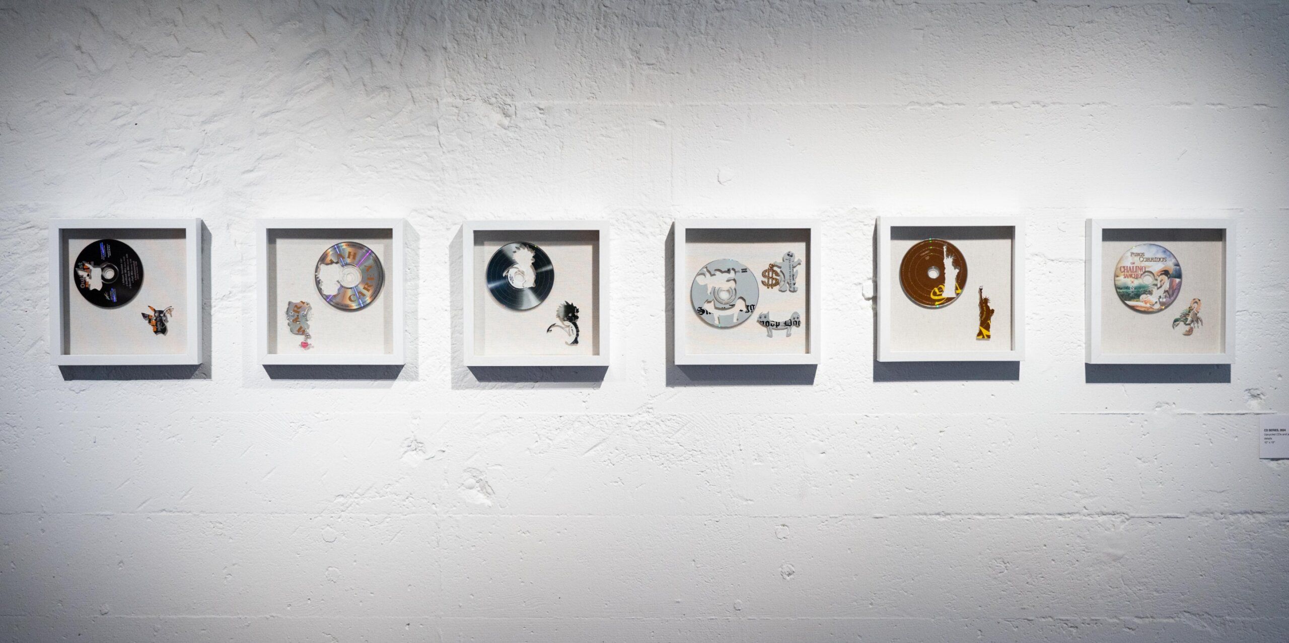 Six framed, decorative vinyl records displayed in a row on a white wall. Each record features unique artistic designs.